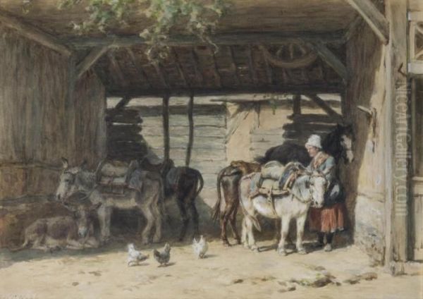 Tending To The Horses Oil Painting by Willem Carel Nakken