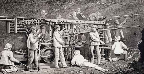 The Advanced Gallery on the French Side of the Mont Cenis Tunnel, with the 'Perforatrices' at Work, from 'The Ascent of the Matterhorn by Edward Whymper, published 1860s-80s Oil Painting by Edward Whymper