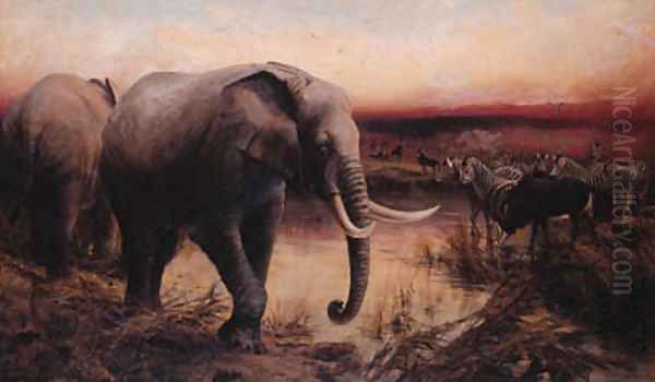 Elephants, Sable Antelope and Zebras at a Waterhole - Sunset Oil Painting by Edward Whymper