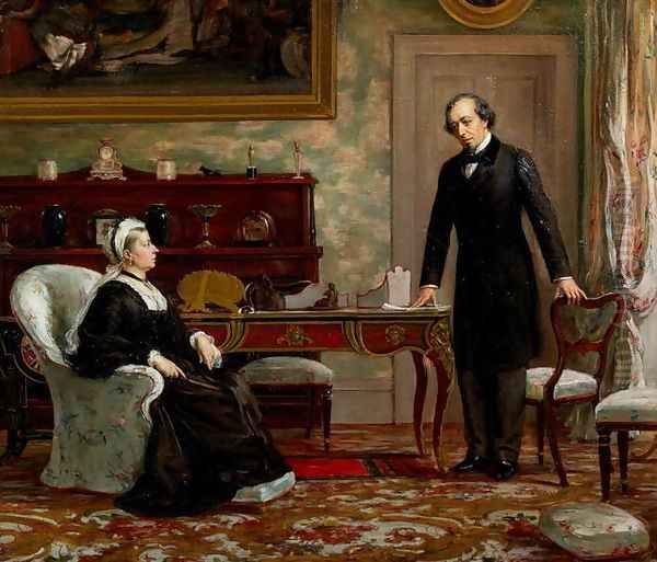 Peace with Honour - Queen Victoria (1819-1901) with Benjamin Disraeli (1804-81) following the signing of the Berlin Treaty in 1878 Oil Painting by Theodore Blake Wirgman