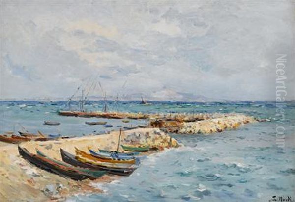 Boats Beached On Jetty Rocks Oil Painting by Francois Nardi