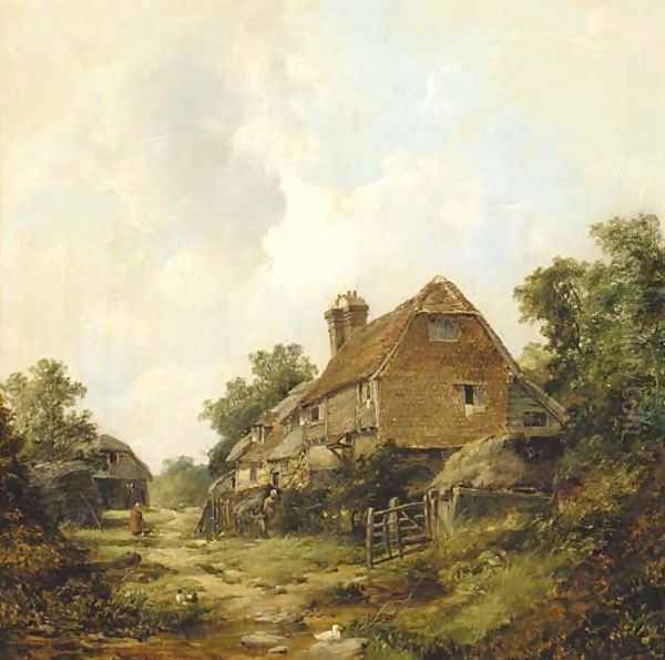 Figures before a cottage with a barn beyond Oil Painting by John James Wilson