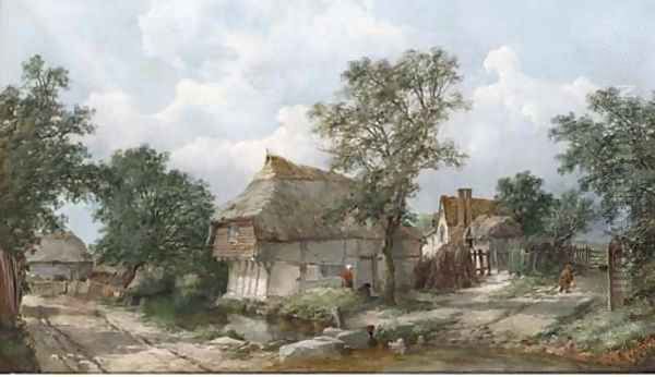 Figures before a cottage, near Hemingstone Oil Painting by John James Wilson