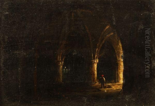 A Figure By A Fire In A Gothic Cathedral Interior Oil Painting by James Nasmyth