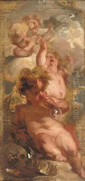 An Allegory of Vanitas Four putti blowing bubbles, a skull Oil Painting by Jacob de Wit