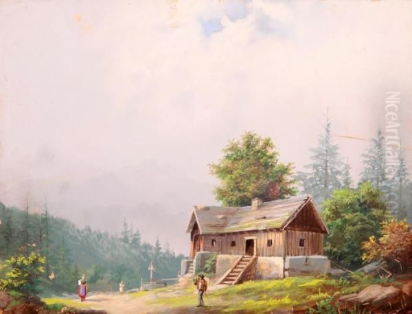 Alpine Landscape With A Log House And Staffage Oil Painting by Josef Navratil