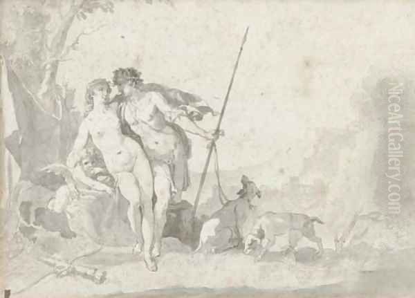 Venus and Adonis with Cupid in an extensive landscape Oil Painting by Jacob de Wit