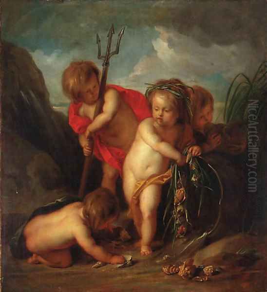 An allegory of water putti desporting with the attributes of Neptune Oil Painting by Jacob de Wit