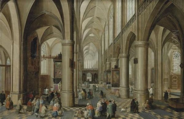 Interior Of A Gothic Cathedral With Figures Oil Painting by Pieter Neefs The Elder, Frans The Younger Francken