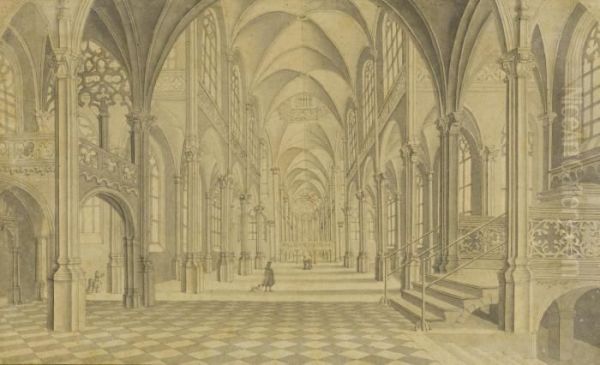 A Church Interior Oil Painting by Pieter Ii Neefs