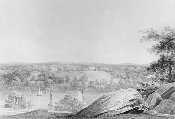 View of the David Hosack Estate at Hyde Park, New York, from Western Bank of the Hudson River (from Hosack Album) Oil Painting by Thomas Kelah Wharton