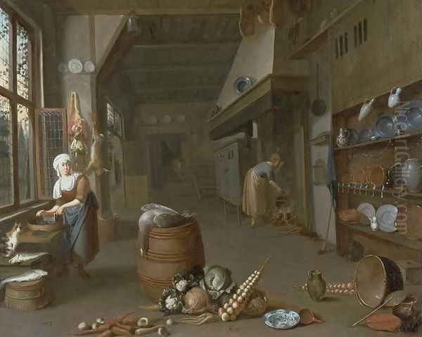 Kitchen interior with two maids preparing food Oil Painting by Gillis de Winter