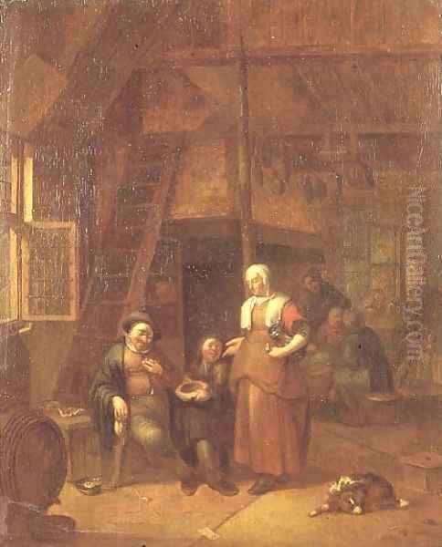 The interior of an inn with a man paying a serving woman Oil Painting by Gillis de Winter