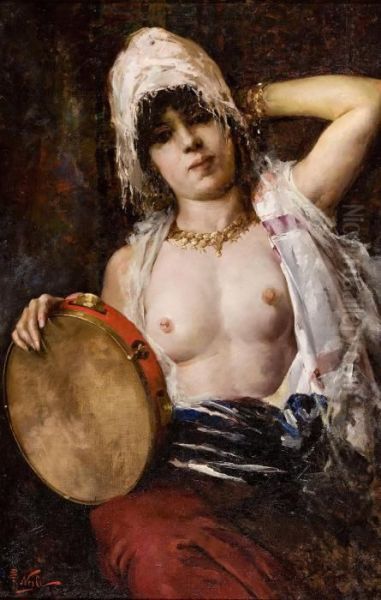 Woman With Tambourine Oil Painting by Girolamo Pieri B. Nerli