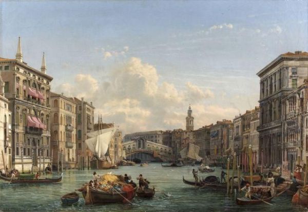 Vue Animee Du Grand Canal Vers Le Pont Du Rialto, Venise Oil Painting by Friedrich Nerly