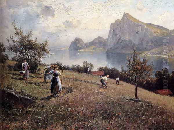 Harvesters By The Chiemsee Oil Painting by Joseph Wopfner