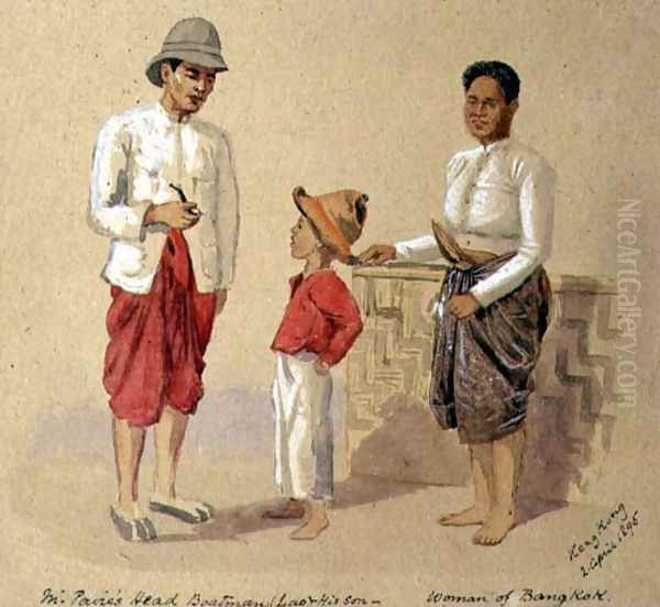 Lao, the head boatman, with his son and a woman of Bangkok, 1895 Oil Painting by Major General R.G. Woodthorpe