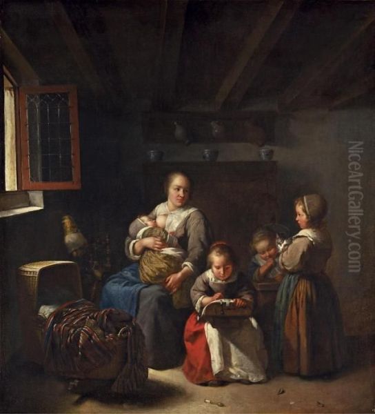 Mutter Mit Kindern Oil Painting by Caspar Netscher