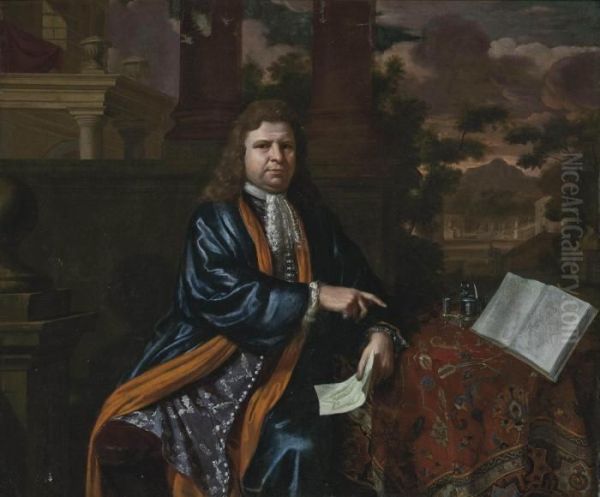 Portrait Of A Gentleman, Seated,
 Three-quarter-length, In An Embroidered Waistcoat And A Blue Coat, By A
 Draped Table, A Plan In His Left Hand, In A Classical Courtyard, A 
Landscape Beyond Oil Painting by Constantin Netscher