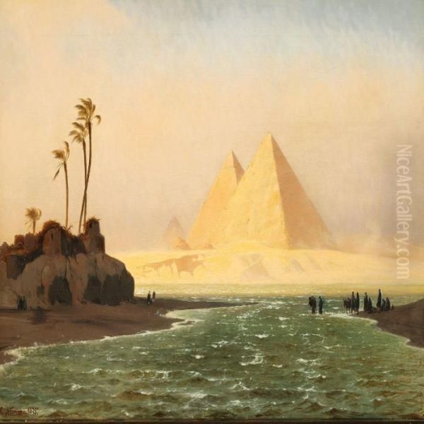 Pyramiderne Ved Gizeh; Orkenvinden Chamsin Blaeser Oil Painting by Carl Johan Neumann