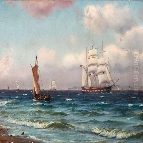 Coastal Scene With Sailing Ships At Sea Oil Painting by Johann Jens Neumann