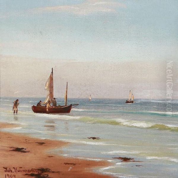 Beach Scene With Fishermen On Their Way Out To Sea Oil Painting by Johann Jens Neumann