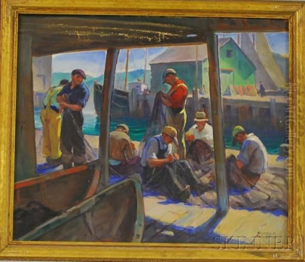 Mending The Nets On The Wharf Oil Painting by Christopher R. Wynne Nevinson