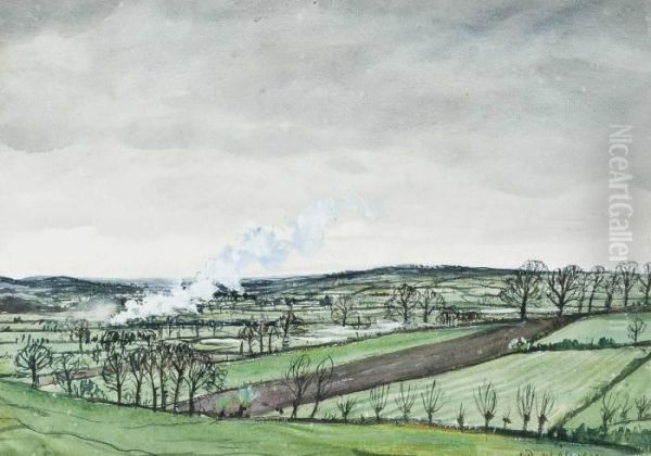 Distant Steam Train Oil Painting by Christopher R. Wynne Nevinson