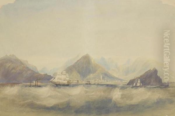 A Royal Navy Frigate Under Tow In Front Bay, Aden, Yemen Oil Painting by Andrew Nicholl