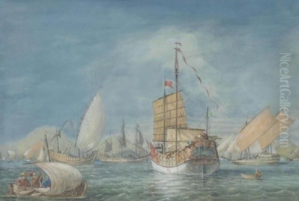 A Junk And Other Trading Vessels In Chinese Waters Oil Painting by Andrew Nicholl