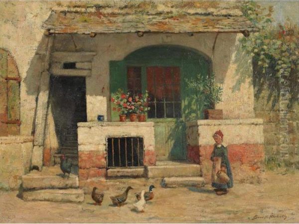 Young Girl With Ducks Outside A Cottage Oil Painting by Burr H. Nicholls