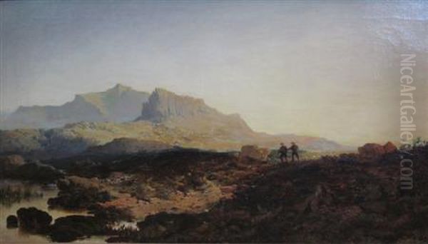 Cader Idris, Moorland Scene With Sportsmen On A Sunlit Path Oil Painting by Edmund John Niemann, Snr.