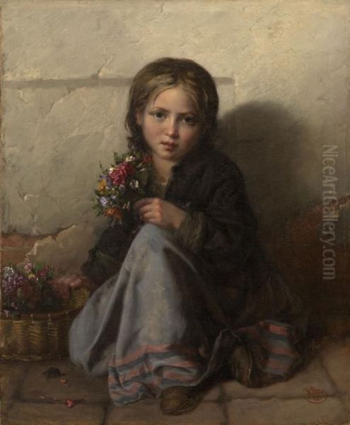 Little Flower Seller Oil Painting by Nikolai Efimovich Rachkov