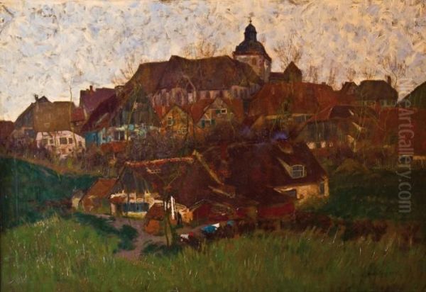 Blick Auf Ein Kirchdorf (oberkaufungen In Hessen?) Oil Painting by Erich Nikutowski