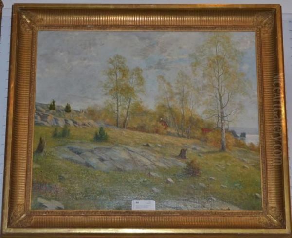 Hallandskt Landskap Med Roda Stugor Oil Painting by Severin Nilson