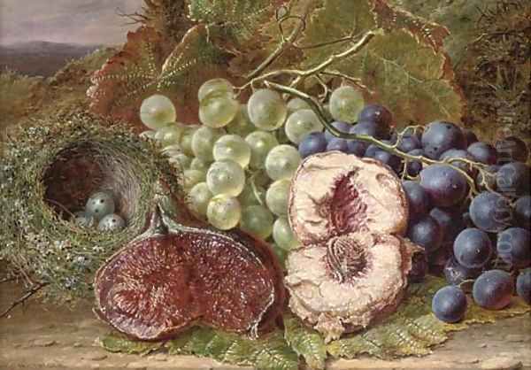 Grapes, a fig, peach and bird's nest on a mossy bank Oil Painting by William Ward