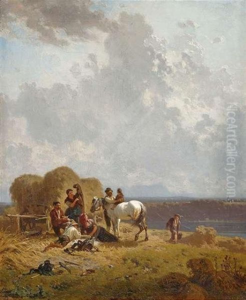 Rast Wahrend Der Heuernte Oil Painting by Julius Noerr