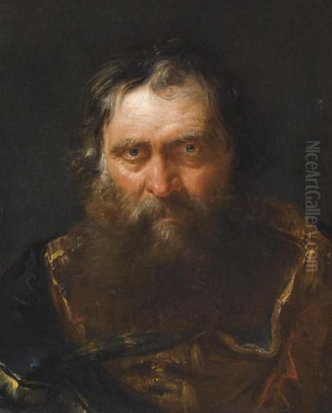 Portrait Of A Bearded Man, Head And Shoulders, Wearing Oriental Dress Oil Painting by Giuseppe Nogari