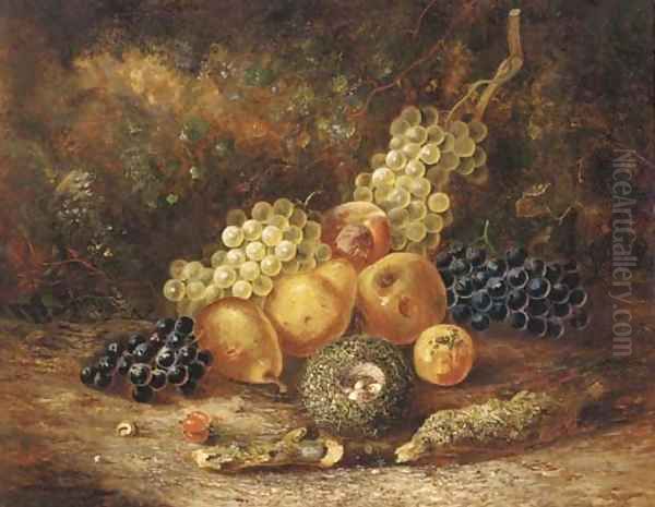 Grapes, pears, apples, a peach and a bird's nest with eggs, on a mossy bank Oil Painting by Thomas Whittle