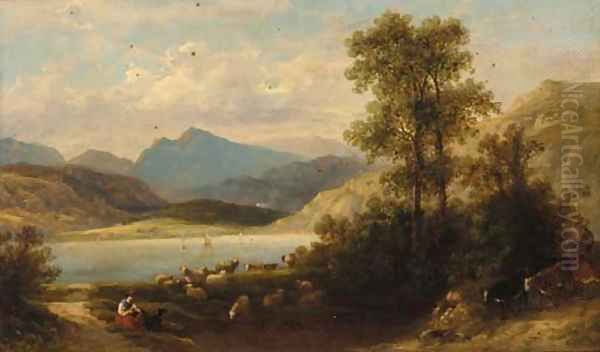 A drover with cattle and a shepherdess in a mountainous lake landscape Oil Painting by Thomas Whittle