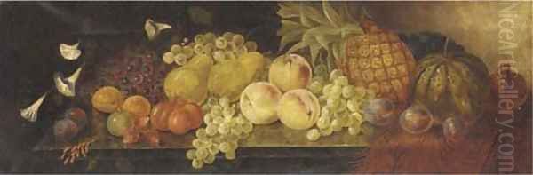 Peaches, a pineapple, grapes, tomatoes, plums, a melon, and flowers on a draped ledge Oil Painting by Thomas Whittle