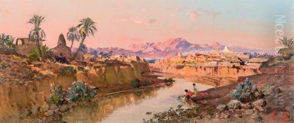 Les Lavandieres Au Bord De L'oued A Bou-saada Oil Painting by Maxime Noire