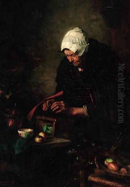 An old lady cooking apples Oil Painting by Johannes Weiland