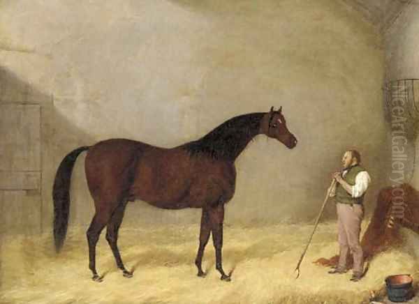 A bay hunter with a groom in a stable Oil Painting by Martin Theodore Ward