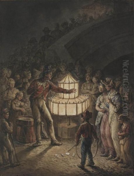 A Street Performer With A Magic Lantern Surrounded Oil Painting by Jean-Pierre Norblin De La Gourdaine