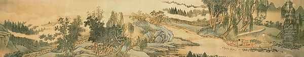 Handscroll depicting a landscape with the colophon poem, 'Fishing in Willow Brook', Chinese, 1706 Oil Painting by Hui Wang