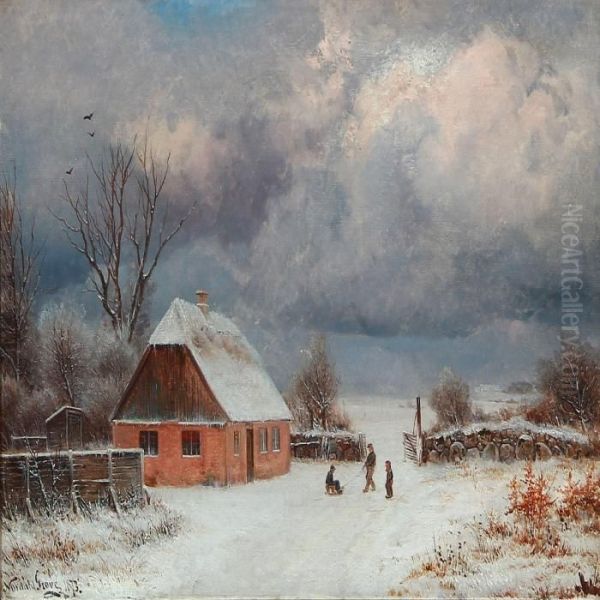 Winter Day With Children Playing In Front Of A Farmhouse Oil Painting by Nordahl Peter Frederik Grove