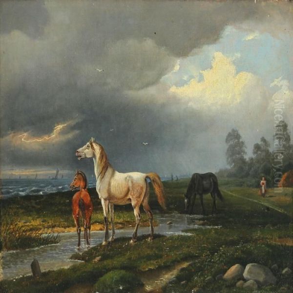 Landscape With Horses, A Storm Is Coming Oil Painting by Nordahl Peter Frederik Grove