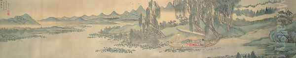 Handscroll depicting a landscape with the colophon poem, Fishing in Willow Brook, Chinese, 1706 Oil Painting by Hui Wang