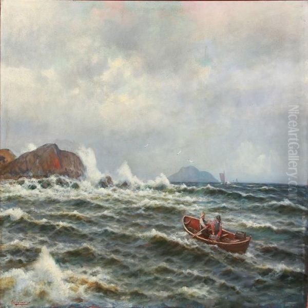 Breakers With Two Fishermen On Their Way Out In A Boat Oil Painting by Olaf Nordlien